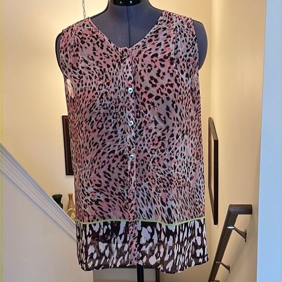CABI Beguile Sheer V-Neck Tunic Top M Pink/Brown Style #108 EUC - Picture 2 of 6